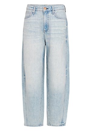 Jasnoniebieskie dżinsy z denimu z wysokim stanem, zapinane na guziki, o szerokich, prostych nogawkach, z subtelnym blaknięciem i projektem z pięcioma kieszeniami.