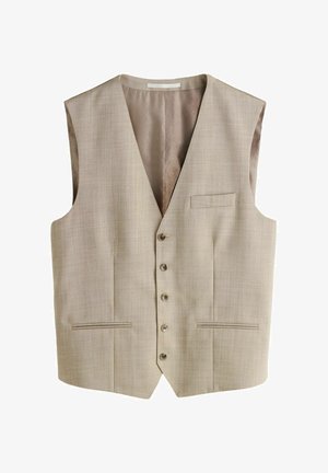 Beige waistcoat with a smooth texture, v-neckline, six buttons, and two front pockets. Lined interior features a subtle diamond pattern.