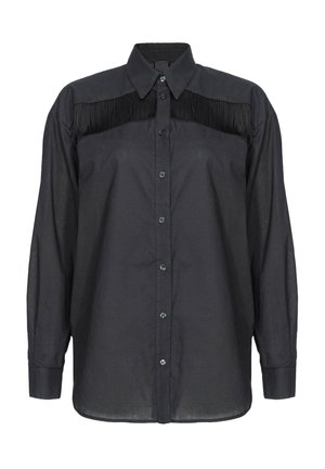 Maglietta nera a maniche lunghe con colletto, caratterizzata da un design frangiato sul petto e una chiusura a bottoni sul davanti. Tessuto dal tocco morbido.