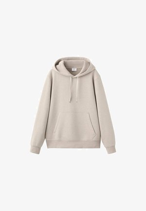 Sweat à capuche beige clair en mélange de coton, avec une grande poche avant, une capuche à cordon de serrage, et des poignets et un ourlet côtelés.