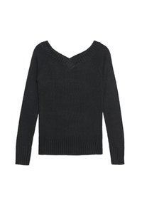 Suéter negro de punto con escote en V, mangas largas y puños y dobladillo acanalados. Hecho de un material suave con un acabado texturizado.