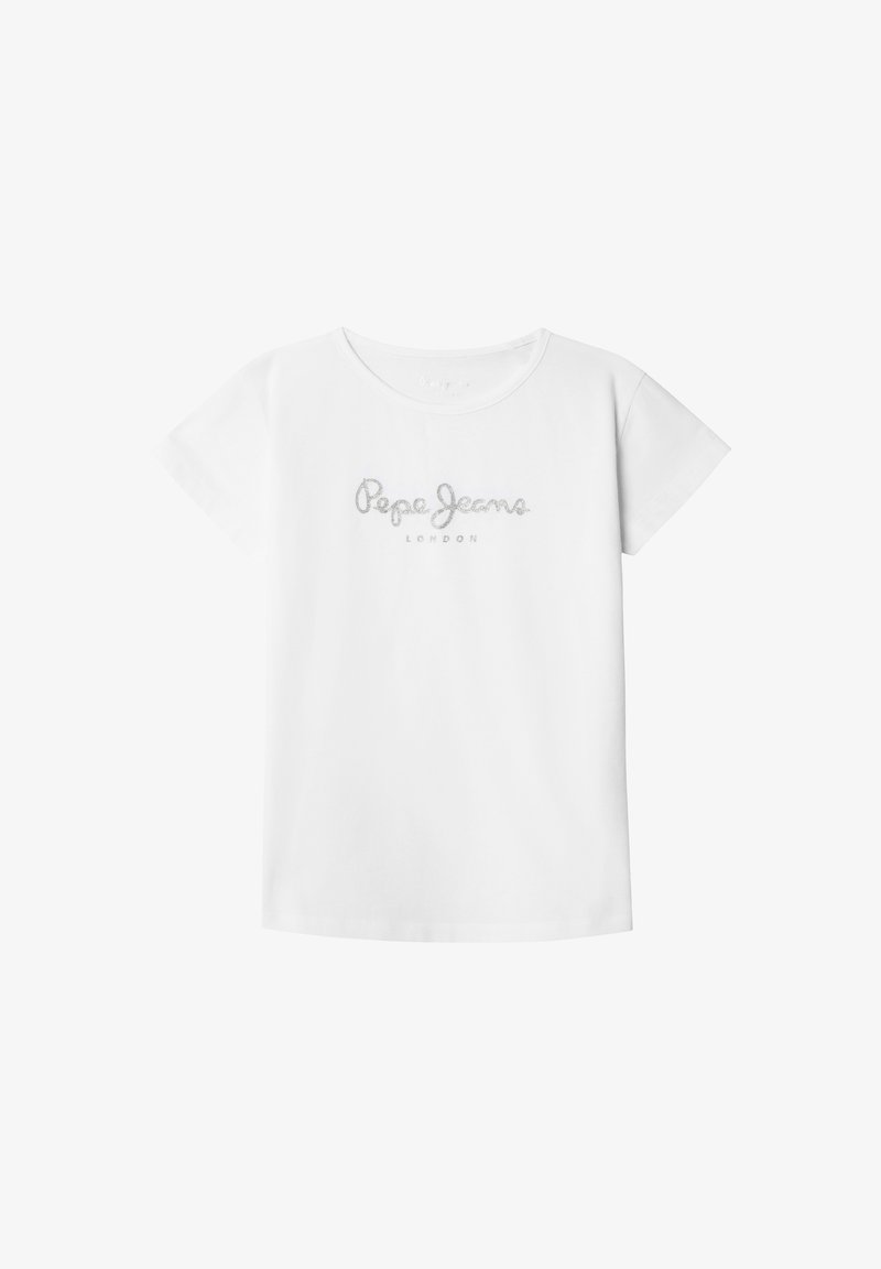Bílý krátký rukáv, tričko s kulatým výstřihem, s vyšívaným logem "Pepe Jeans London" ve stříbrné niti na hrudi.