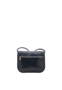 Borsa a tracolla in pelle blu navy con una texture liscia, forma rettangolare, doppio manico e una tasca frontale con zip e hardware dorato.