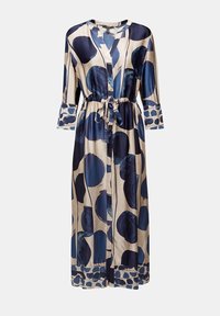 Lightweight, satin kimono with a cream base and dark blue circular patterns. Features three-quarter sleeves and a tie belt at the waist.