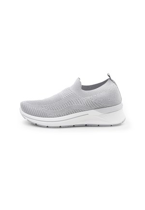 Gray knitted athletic shoe with a slip-on design, featuring a flexible sole, textured upper, and a pull tab at the heel. Lightweight construction.