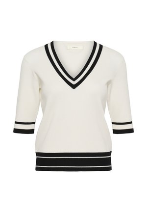 Bílý krátký svetr z úpletu s hlubokým výstřihem do V, černé dvojité pruhy na výstřihu, manžetách a lemu.