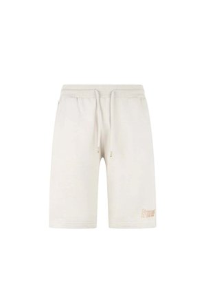 Pantaloncini casual color beige chiaro con vita elastica, coulisse e piccolo logo ricamato vicino all'orlo inferiore sulla gamba sinistra.