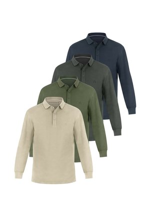 Vier langärmelige Poloshirts in Beige, Hellgrün, Dunkelgrün und Dunkelblau, in versetzter Überlappung angeordnet.