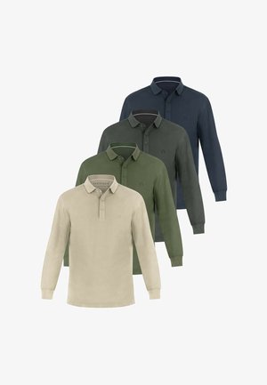 Vier langärmelige Poloshirts in Beige, Hellgrün, Dunkelgrün und Dunkelblau, in versetzter Überlappung angeordnet.