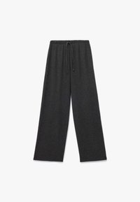 Donkergrijze wijde broek met een gestructureerde stof, voorzien van een elastische tailleband, verstelbaar trekkoord en een relaxte pasvorm.