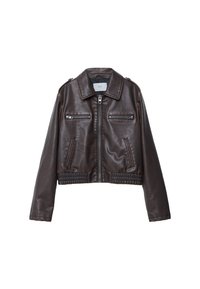 Ciemnobrązowa kurtka ze sztucznej skóry z zamkiem błyskawicznym z przodu, dwoma zapinanymi na zamek kieszeniami na piersi, dwiema kieszeniami bocznymi oraz elastycznym wykończeniem w pasie.