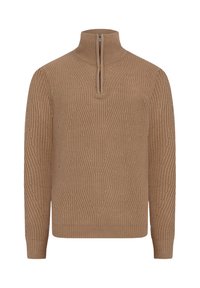 Brun zip-hals sweater lavet af struktureret strik. Har et vertikalt mønster, lange ærmer og en tætsiddende kant. Velegnet til afslappet eller lag-på-lag brug.