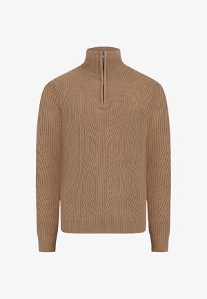 Brown zip-neck sweater made of textured knit. Features a vertical pattern, long sleeves, and a fitted hem. Suitable for casual or layered wear.