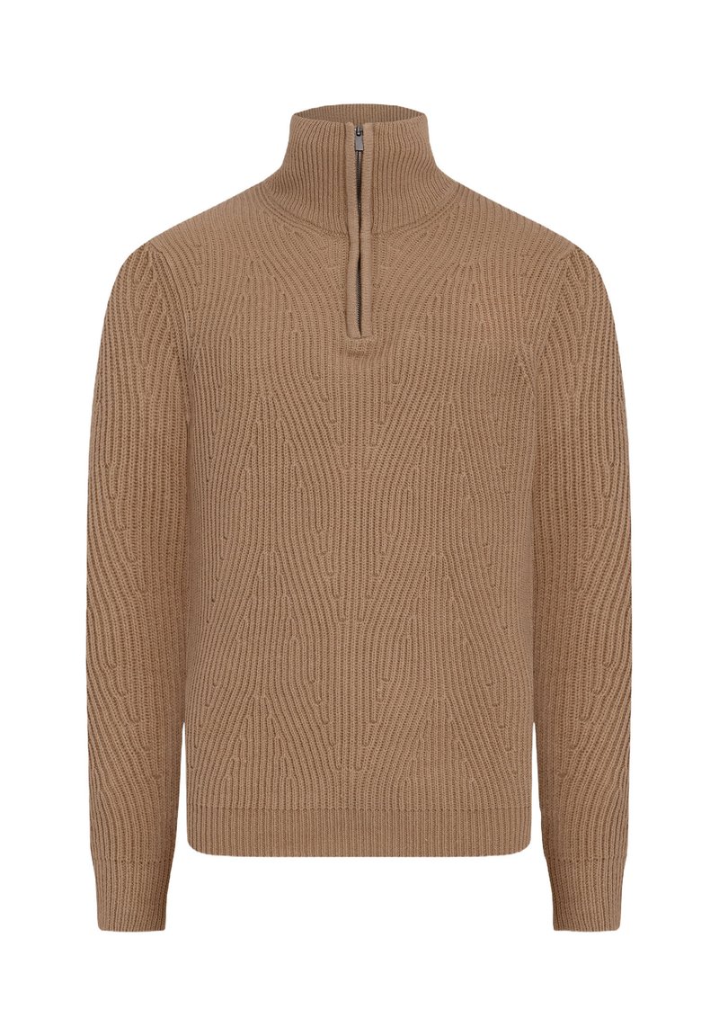 Brun zip-hals sweater lavet af struktureret strik. Har et vertikalt mønster, lange ærmer og en tætsiddende kant. Velegnet til afslappet eller lag-på-lag brug.