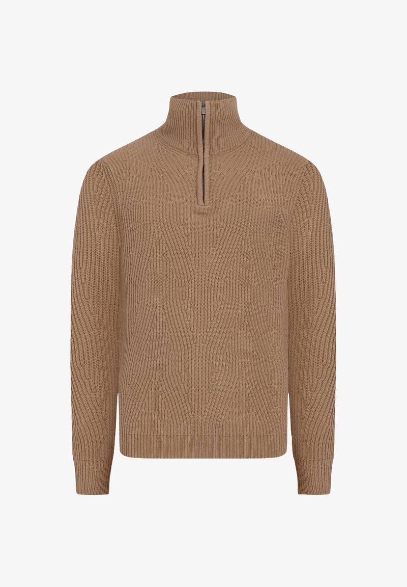 Brauner Sweater mit Reißverschluss am Hals aus strukturiertem Strick. Verfügt über ein vertikales Muster, lange Ärmel und einen taillierten Saum. Eignet sich gut für legere Anlässe oder zum Schichten.