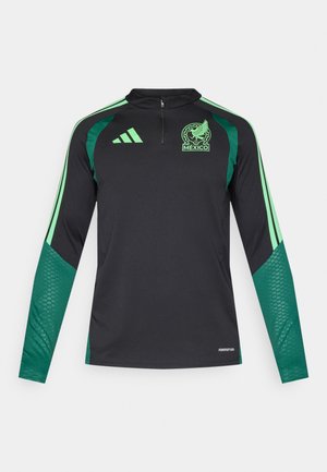 Black long-sleeve sports top with green accents, Mexico national team logo, Adidas logo, and a short front zipper on the collar.