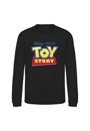 Sort langærmet sweatshirt med Disney Pixar Toy Story-logo i store gule, blå og røde bogstaver foran i midten.