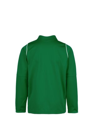 Grüner Pullover mit langen Ärmeln und hohem Kragen, mit weißem Akzentpiping an den Schultern. Hergestellt aus glattem, leichtem Stoff.