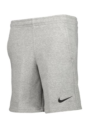 Gray cotton blend athletic shorts featuring an elastic waistband and a small black Nike logo on the lower left side.