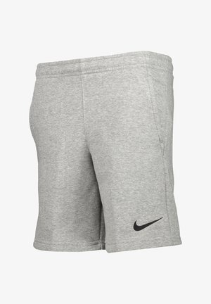 Pantalones cortos deportivos de mezcla de algodón gris con una cinturilla elástica y un pequeño logotipo negro de Nike en la parte inferior izquierda.