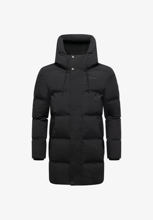 Schwarze gepolsterte Jacke mit hohem Kragen, Druckknopf- und Reißverschlussverschluss, zwei Seiten pockets und einer verstellbaren Kapuze. Glatte, matte Textur.