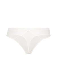 Witte bikini slip met een gestructureerd, geribbeld ontwerp, een middelhoge tailleband en minimale bedekking. Gladde stof met elastische accenten.
