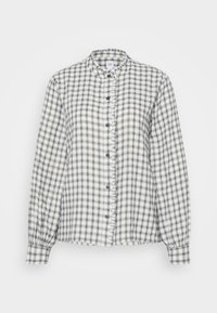 Chemise à boutons fabriquée en tissu léger, présentant un motif tartan noir et blanc avec des accents marron, des manches longues et un col rond.