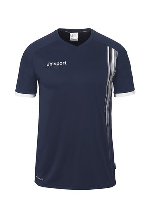 Donkerblauw sportshirt met korte mouwen, witte bies op de mouwen, verticale witte strepen aan de rechterkant en het "uhlsport" logo op de borst.