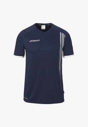 Donkerblauw sportshirt met korte mouwen, witte bies op de mouwen, verticale witte strepen aan de rechterkant en het "uhlsport" logo op de borst.