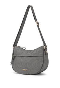 Borsa a tracolla grigia con esterno in tessuto strutturato, logo tono oro, chiusura superiore con zip e tracolla regolabile con tessuto brandizzato.