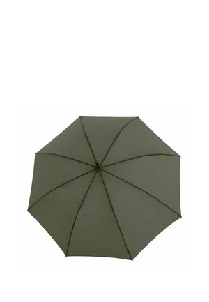 Offener dunkelgrüner Regenschirm mit acht Segmenten und einem zentralen schwarzen Griff, von oben auf weißem Hintergrund sichtbar.
