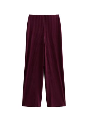 Pantaloni bordeaux a gamba larga con texture a coste verticali, vita elastica e vestibilità comoda, realizzati in tessuto leggero e elasticizzato.