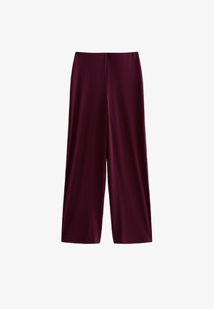 Pantaloni bordeaux a gamba larga con texture a coste verticali, vita elastica e vestibilità comoda, realizzati in tessuto leggero e elasticizzato.
