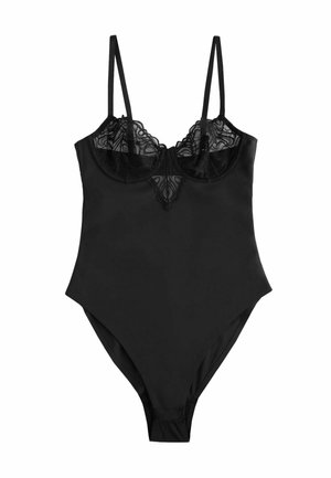 Black one-piece bodysuit with lace cups, adjustable thin shoulder straps, and a gentle scoop front against a white background.