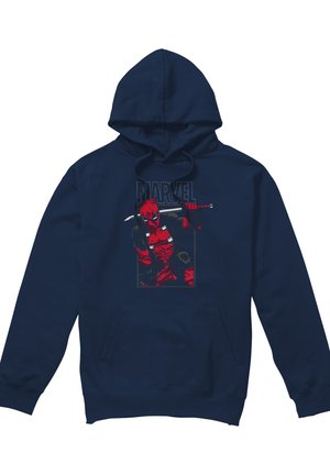 Marineblaue Kapuzenjacke mit rotem und schwarzem Deadpool, der ein Schwert hält, mit dem Wort Marvel über der Grafik.