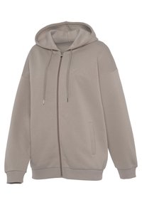 Licht taupe zip-up hoodie met een grote capuchon, voorzakken, geribbelde manchetten en geborduurd logo-detail op de borst. Zachte stoftextuur.