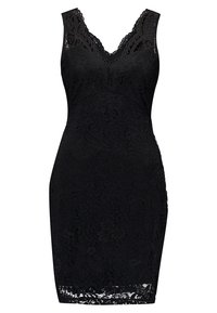 Svart ärmlös spetsklänning med V-ringning och figurnära silhuett, med blommönster och scallopade kanter vid halsringning och fåll.