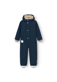 Marineblauer Kinderschneanzug mit beigen Akzenten, Kapuze, Druckknöpfen und einem weißen Sternenmotiv auf der Vorderseite. Elastische Bündchen an den Knöcheln.