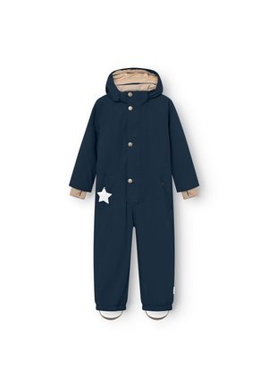 Navy blue children's snowsuit with beige accents, hood, snap buttons, and a white star detail on the front. Elastic cuffs at the ankles.