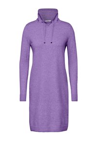 Vestito in maglina viola con cappuccio, collo alto, maniche lunghe, cordoncino e polsini e orlo a coste. Tessuto morbido, design casual.