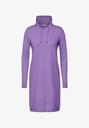 Robe-hoodie en tricot violet avec un col haut, des manches longues, un cordon de serrage et des poignets et un ourlet côtelés. Texture douce, design décontracté.