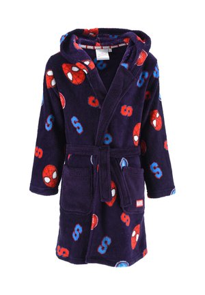 Lila Fleece-Bademantel mit Kapuze, Bindegürtel und Taschen. Verziert mit roten Spider-Man-Logos und blauen Akzenten im gesamten Design.
