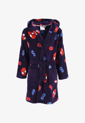 Paarse fleece badjas met een capuchon, strikceintuur en zakken. Versierd met rode Spider-Man-logo's en blauwe accenten door het hele ontwerp.