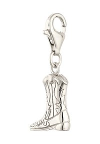 Zilverkleurige bedel in de vorm van een cowboylaars met gedetailleerde stiksels, spitse neus en een kreeftsluiting voor bevestiging.