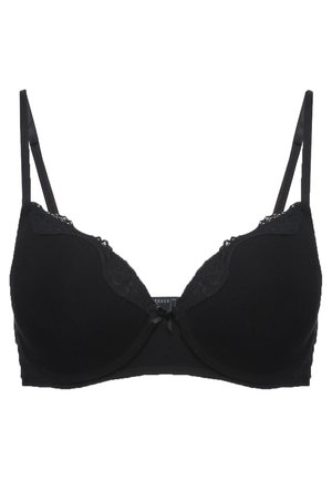 Czarny stanik z koronkowymi akcentami, z fiszbinami, wyściełanymi miseczkami, regulowanymi ramiączkami oraz małym kokardkowym detalem na środku. Miękka tekstura materiału.