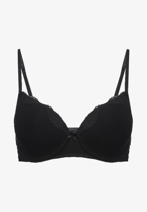 Sort bh med blonde detaljer, underwire støtte, polstrede skåle, justerbare stropper og en lille sløjfe i midten. Blødt materiale.