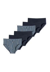 Ensemble de cinq culottes pour femmes en bleu marine et motifs rayés. Tissu doux avec une texture lisse. Une paire présente un design à rayures multicolores.