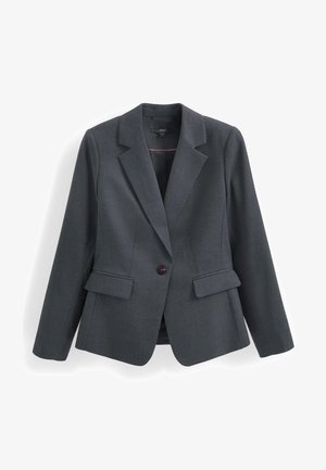 Mörkgrå skräddarsydd kavaj med slag, en enkel knappstängning, två framfickor och en slät tygstruktur. Insidan har röd foder.