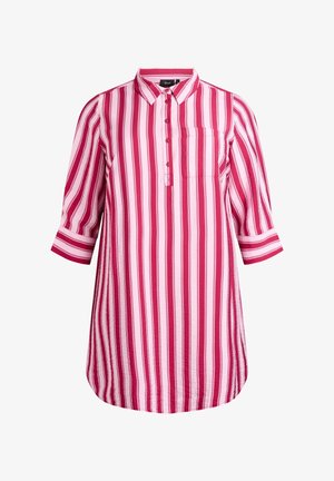 Camisa de rayas rosas y blancas con cuello, botones delanteros y un bolsillo en el pecho. Cuenta con mangas tres cuartos y un corte holgado.