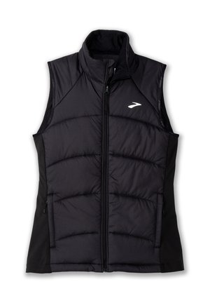 Gilet imbottito nero con colletto alto, zip frontale e tasche laterali. Realizzato in tessuto traspirante con pannelli laterali a contrasto e logo.